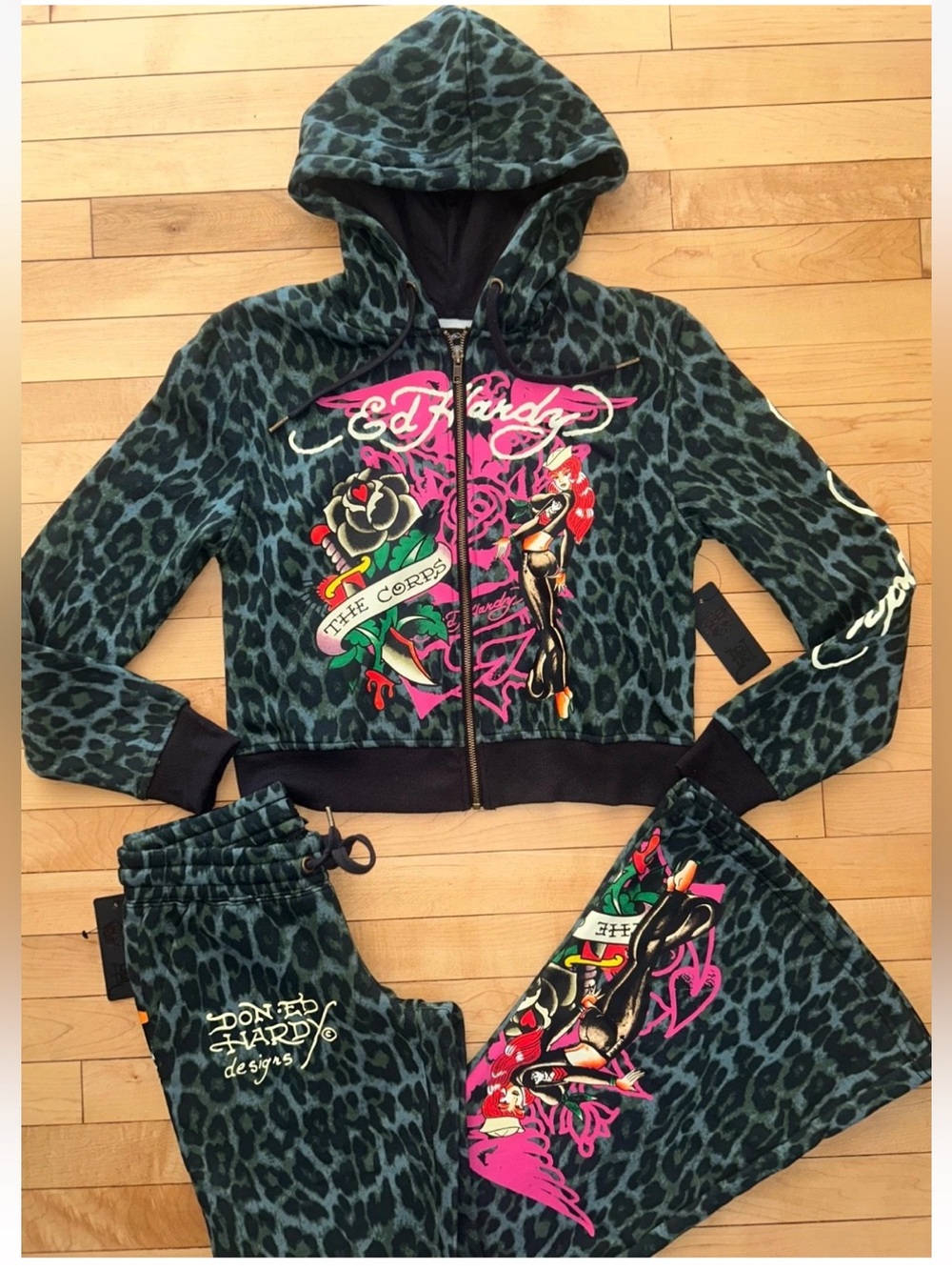 NEW! ED HARDY Anchor Rose Hoodie & Pants Tracksuit Set Green Leopard Size S